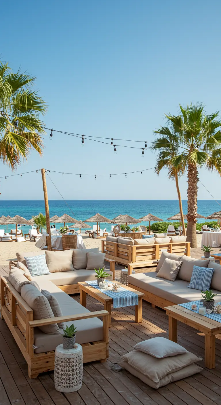Strandlounge met houten meubels, kussens en palmbomen bij zee