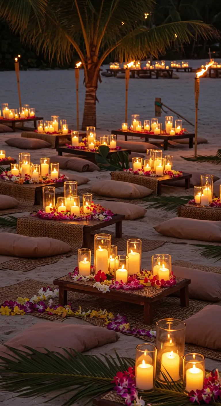 Strandsetting met lage tafels, kussens en veel kaarsen.