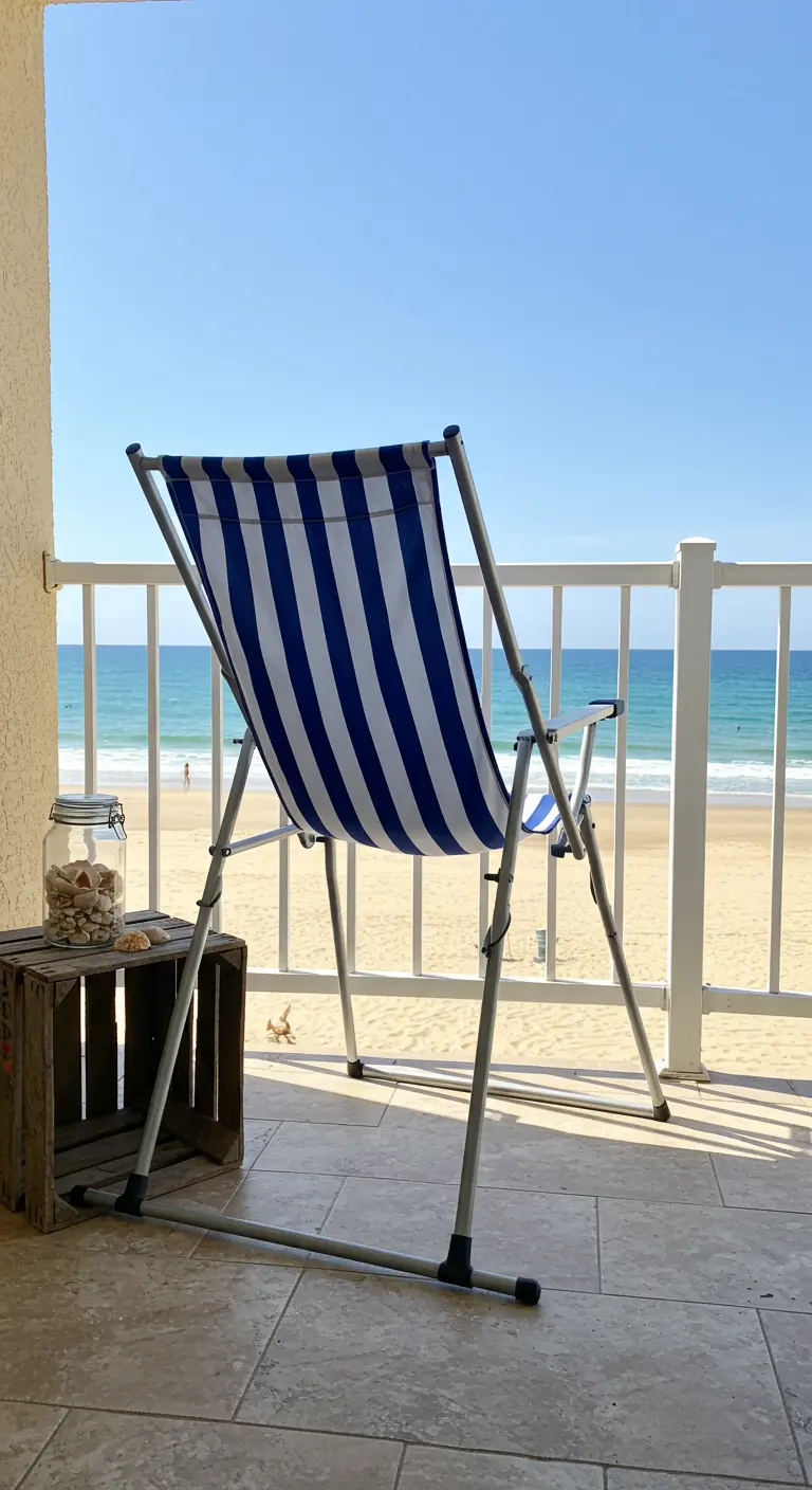 Blauw-wit gestreepte strandstoel op een balkon met uitzicht op zee.
