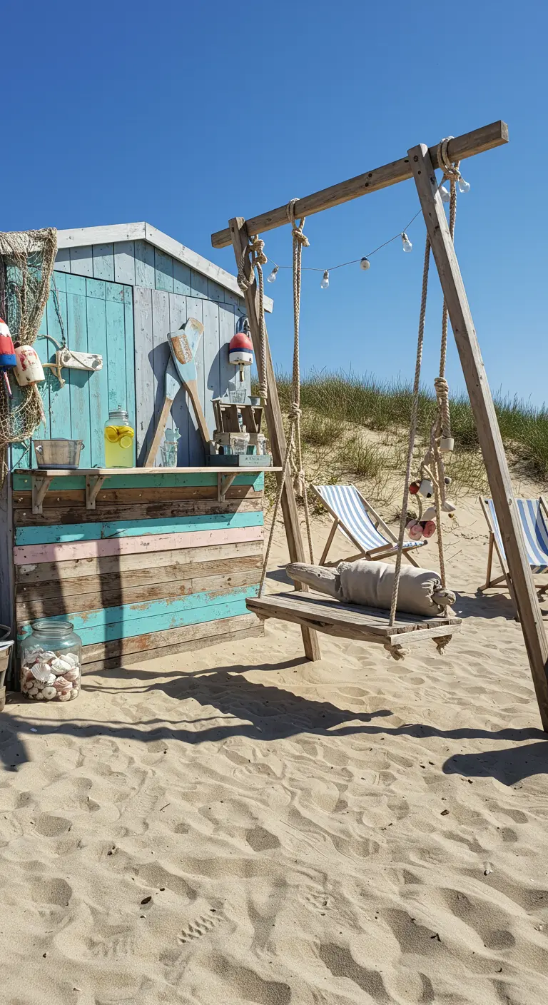 DIY strandbar van pallets met een simpele houten schommel op het zand.