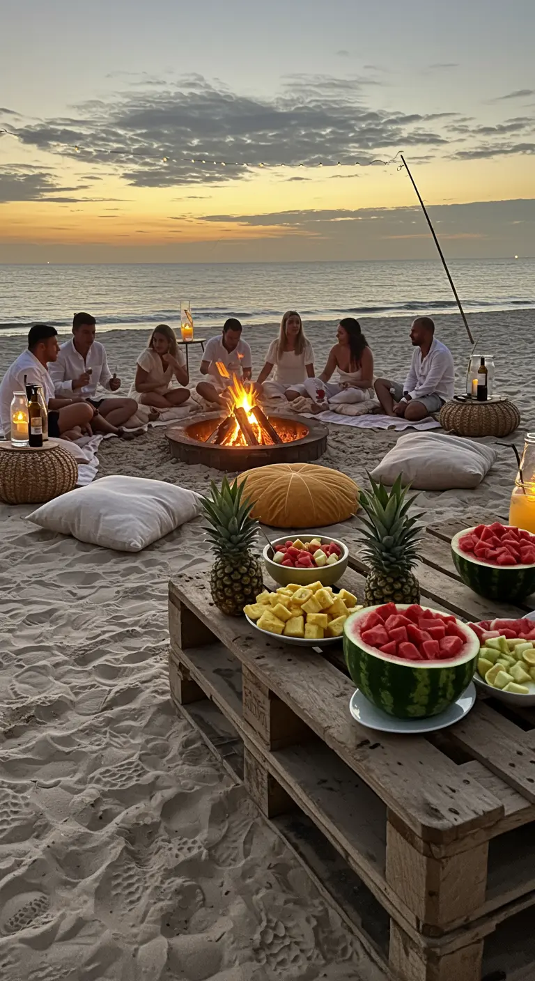Mensen ontspannen rond een vuurkorf op het strand met fruit op pallettafels.