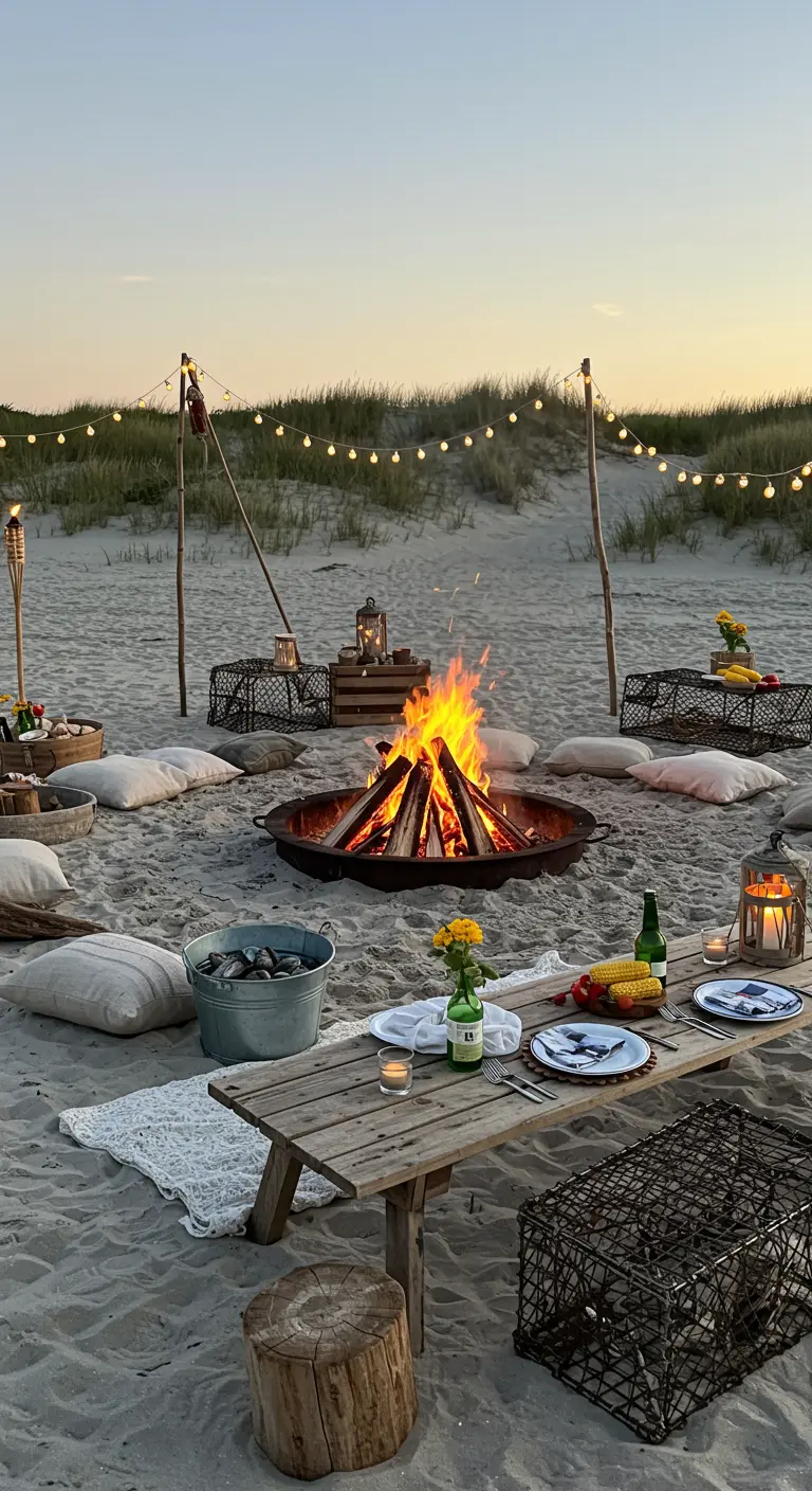 Kampvuur op het strand met lage tafel, kussens, lichtslingers en krabbenmanden.