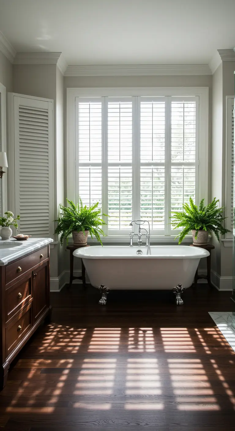 Badkamer met groot raam met shutters, vrijstaand bad; licht valt in strepen op donkere vloer.