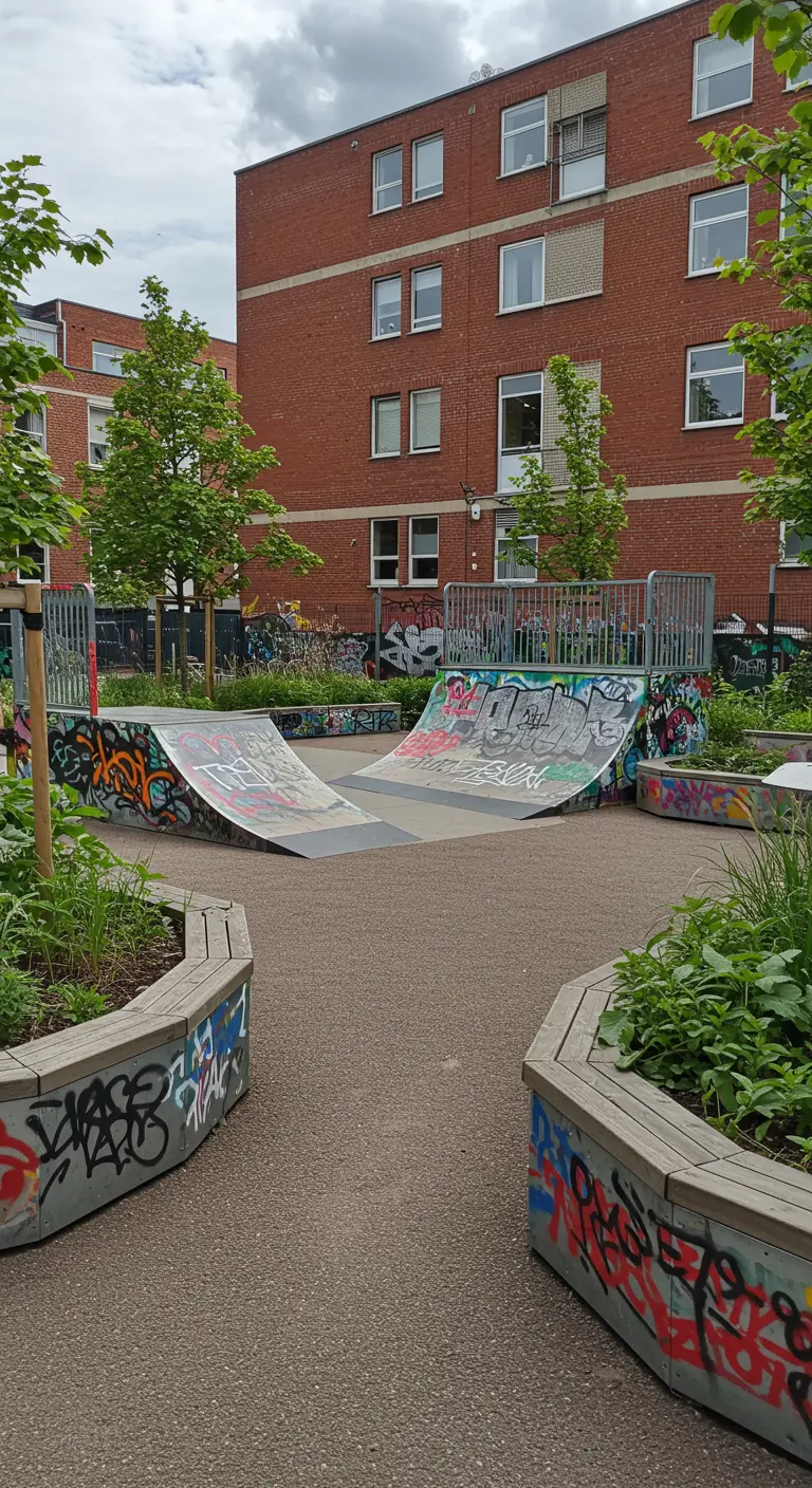 Stedelijke binnentuin met skate-elementen bedekt met kleurrijke graffiti-kunst.