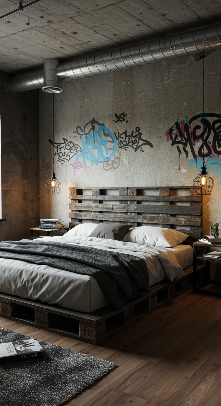 Bedframe gemaakt van houten pallets met graffiti kunst op de achterwand.