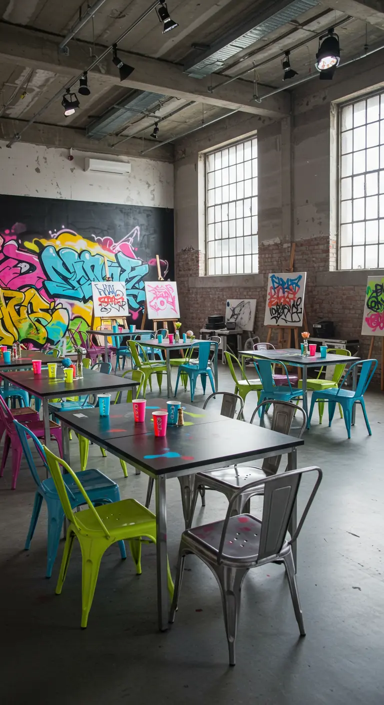 Kinderverjaardag met graffiti thema en kleurrijke industriële stoelen.