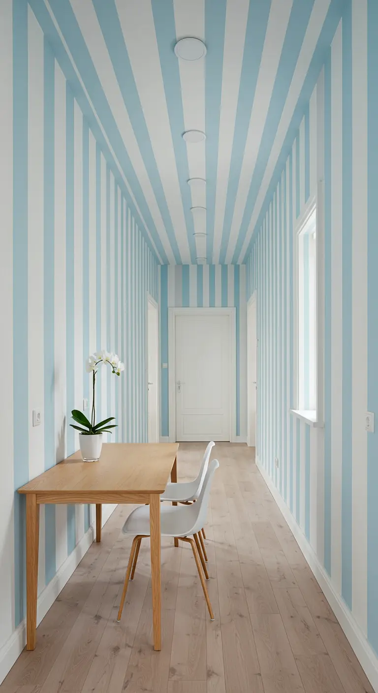 Smalle eethoek met blauw-wit gestreepte muren en plafond, houten tafel.