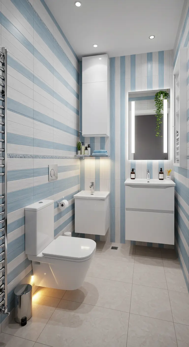 Badkamer met blauw-wit gestreepte tegels en zwevende meubels.