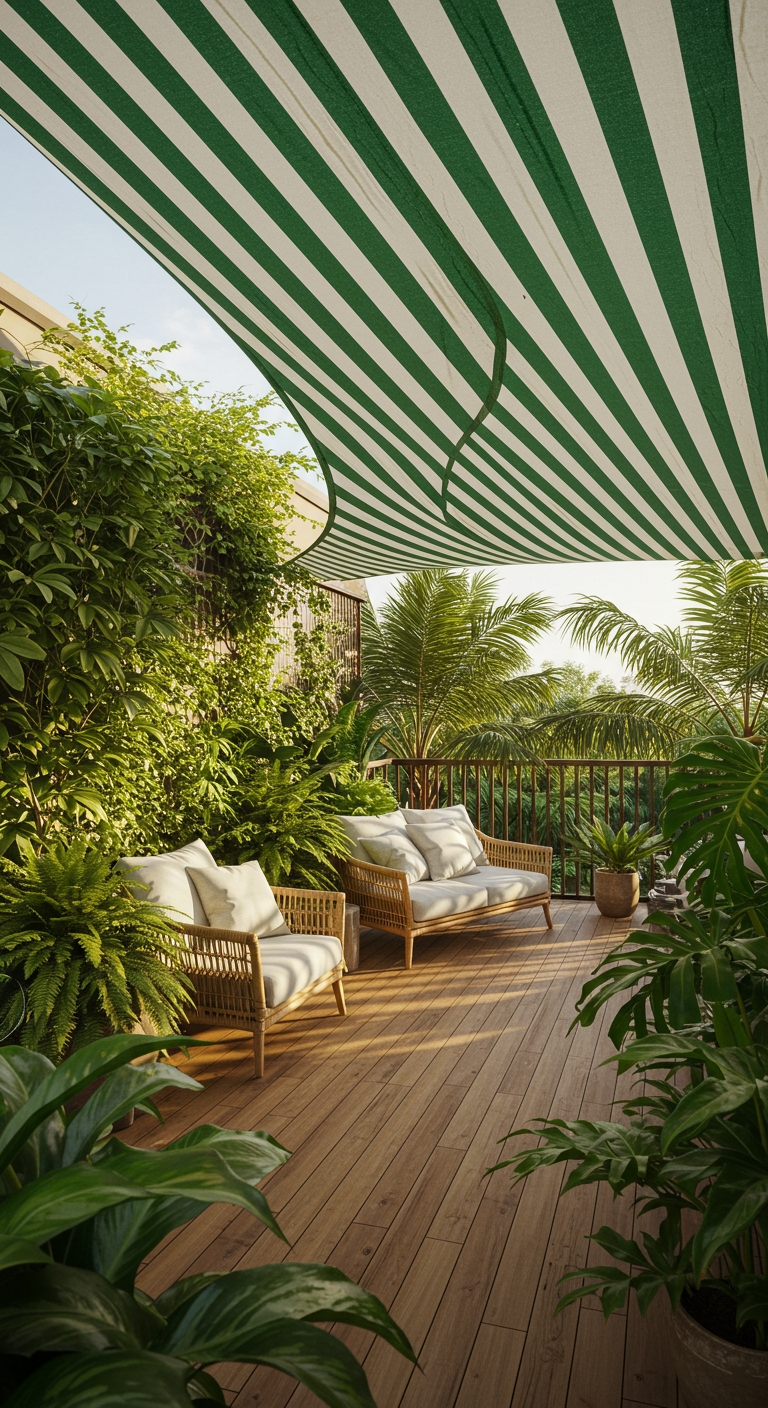 Balkon met groen-wit gestreept schaduwdoek, houten meubels en veel groene planten.