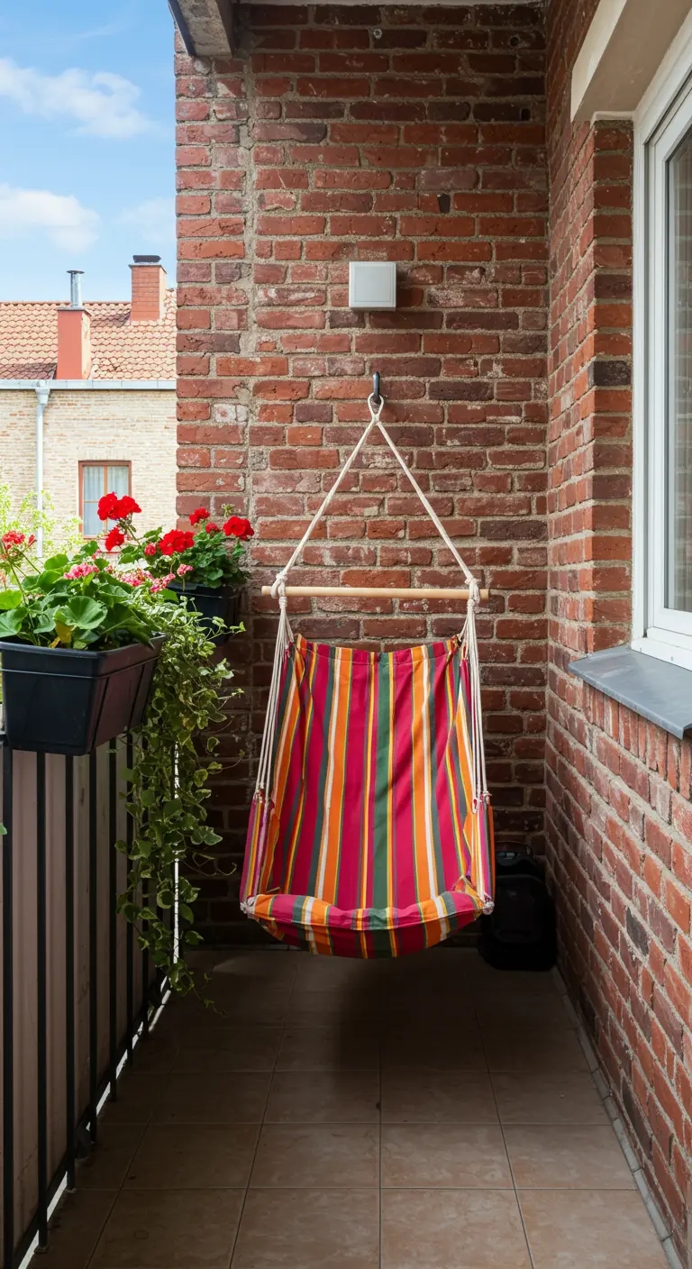 Gestreepte stoffen hangstoel tegen bakstenen muur met rode geraniums in bakken.