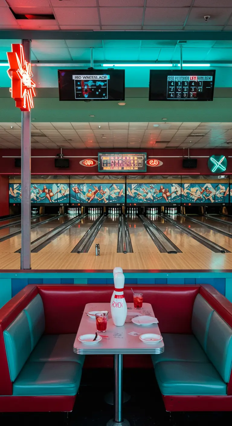 Retro bowlingbaan met een tafel en drankjes, klaar voor een bruiloftsfeest.