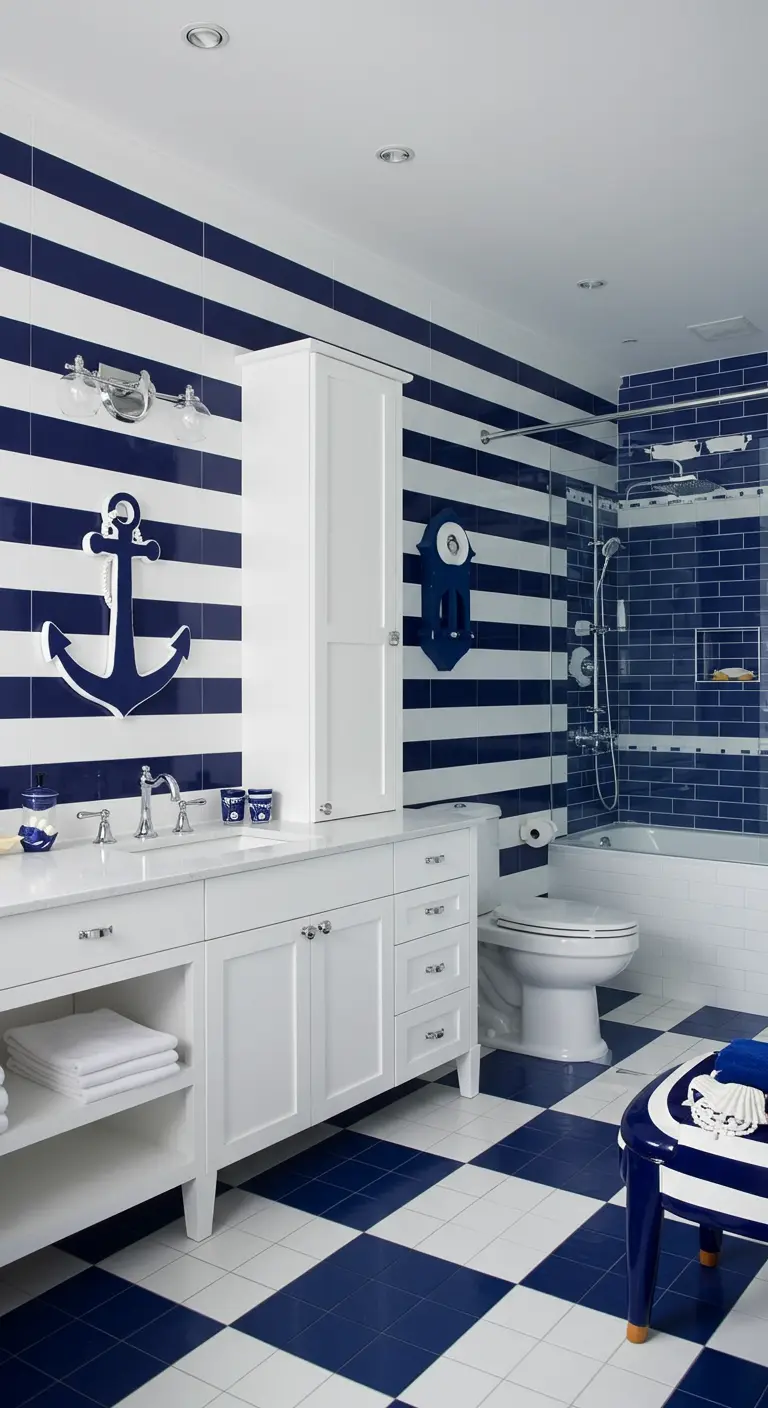 Nautische badkamer met blauw-witte strepen op muren, ruitvloer en ankermotieven.