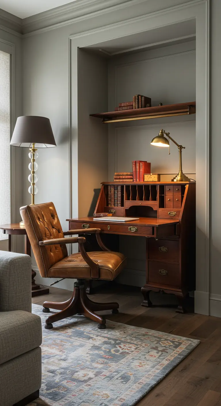 Klassiek houten secretairebureau in een nis met een vintage leren bureaustoel.