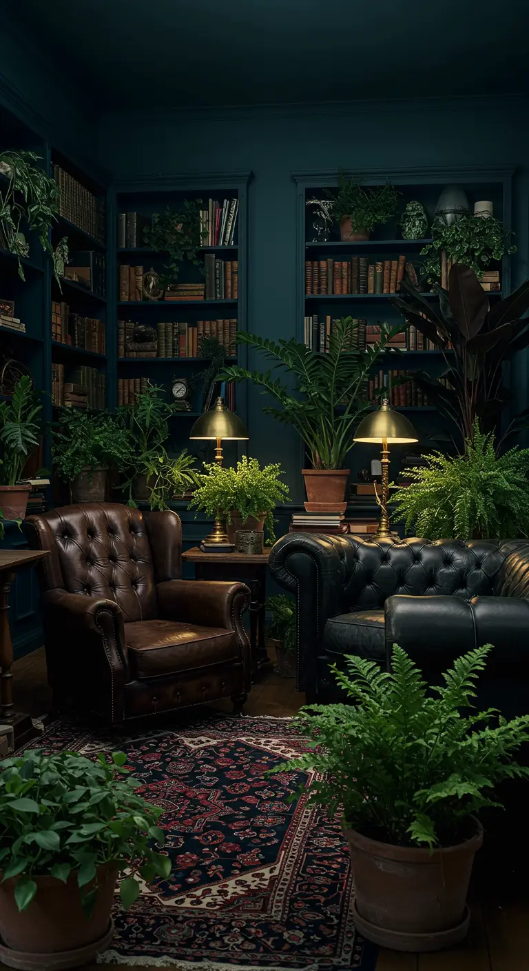 Donkere, sfeervolle studeerkamer met leren fauteuils en veel groene planten.