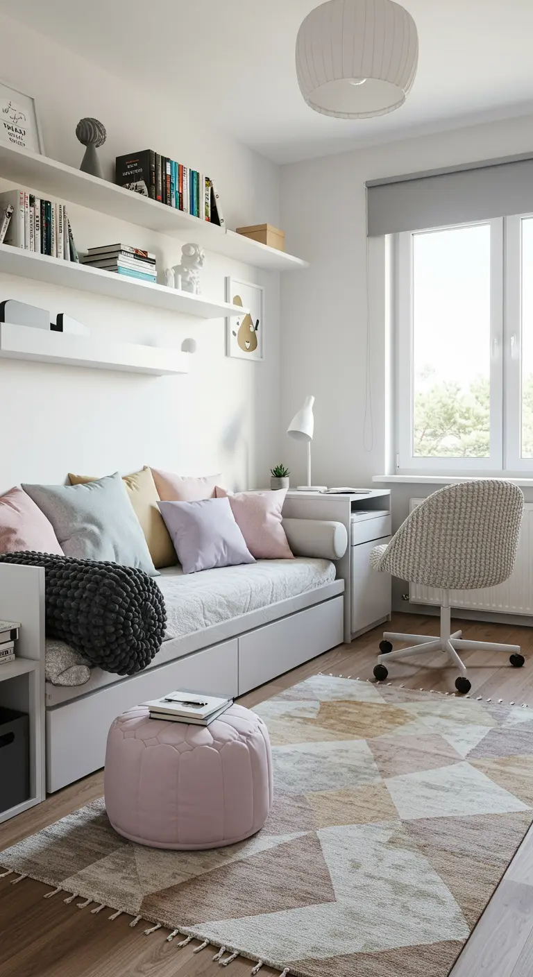 Multifunctionele kamer met daybed, bouclé bureaustoel en roze poef.