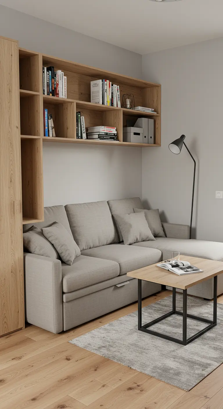 Studio-appartement met een grijze slaapbank, houten wandplanken erboven en een houten salontafel.