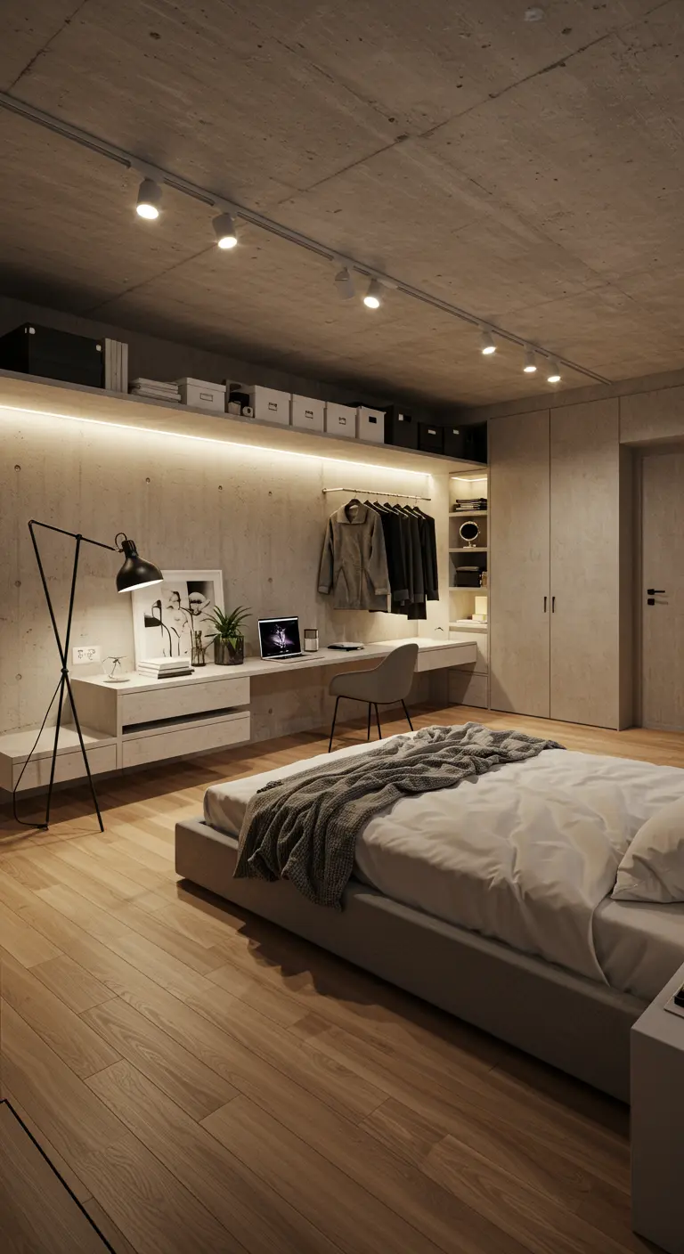 Moderne slaapkamer en werkruimte met heldere LED-stripverlichting boven het bureau en bed.