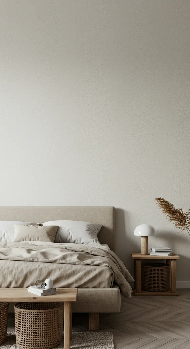 Minimalistische slaapkamer met een heel subtiel beige kleurverloop op de muur.
