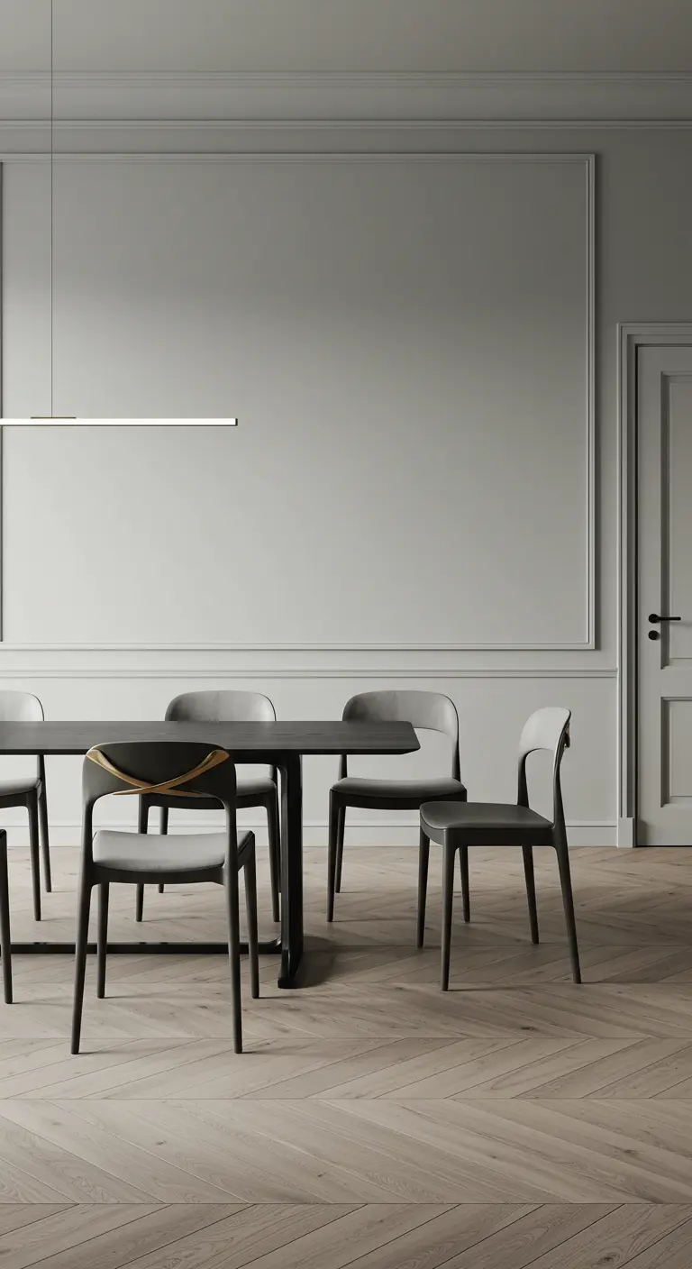 Minimalistische eetkamer met grijze stoelen met gouden accent en grijze muren.