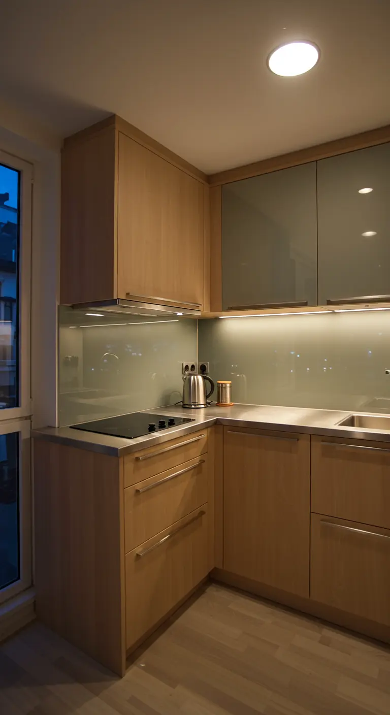Moderne houten keuken met een lichtgroene glazen achterwand en RVS accenten.