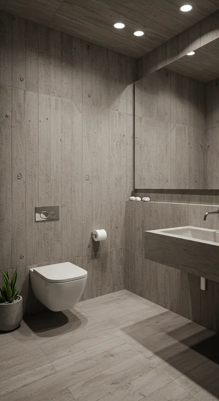 Minimalistische badkamer met betonnen muren, zwevend toilet en wastafel.