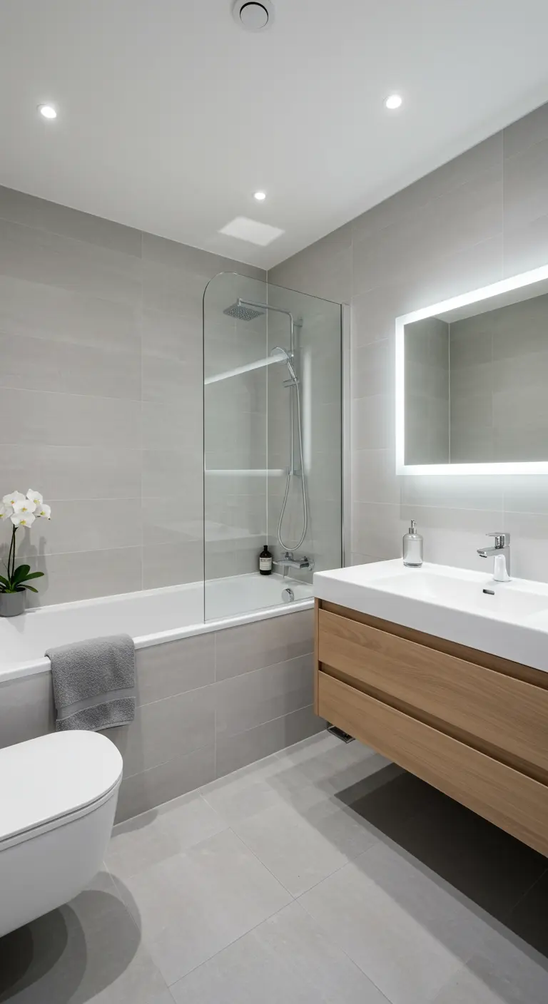 Moderne badkamer met lichtgrijze muren, houten meubel en grote spiegel.