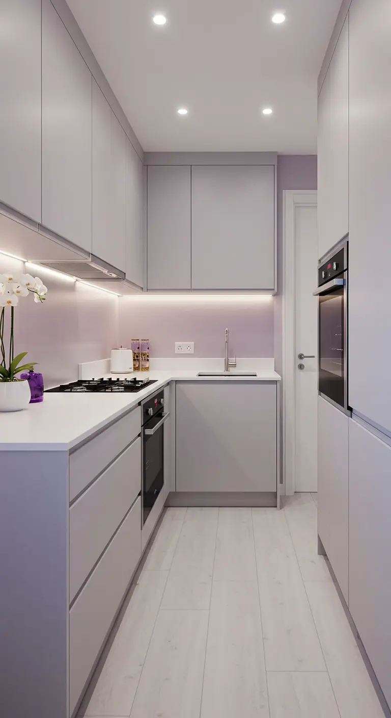 Moderne, smalle keuken met lila achterwand en grijze kasten.