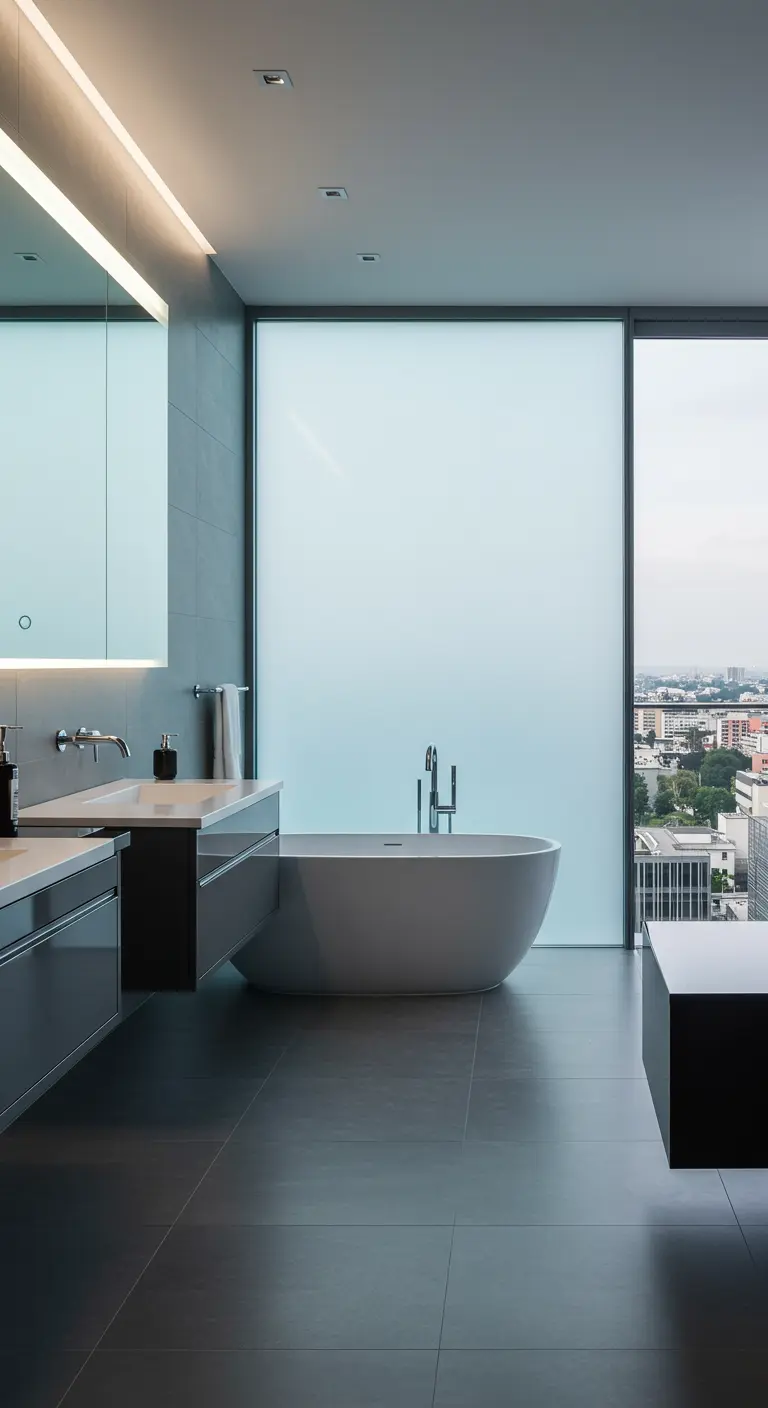 Moderne badkamer met groot, deels gematteerd raam naast bad, zicht op stad.