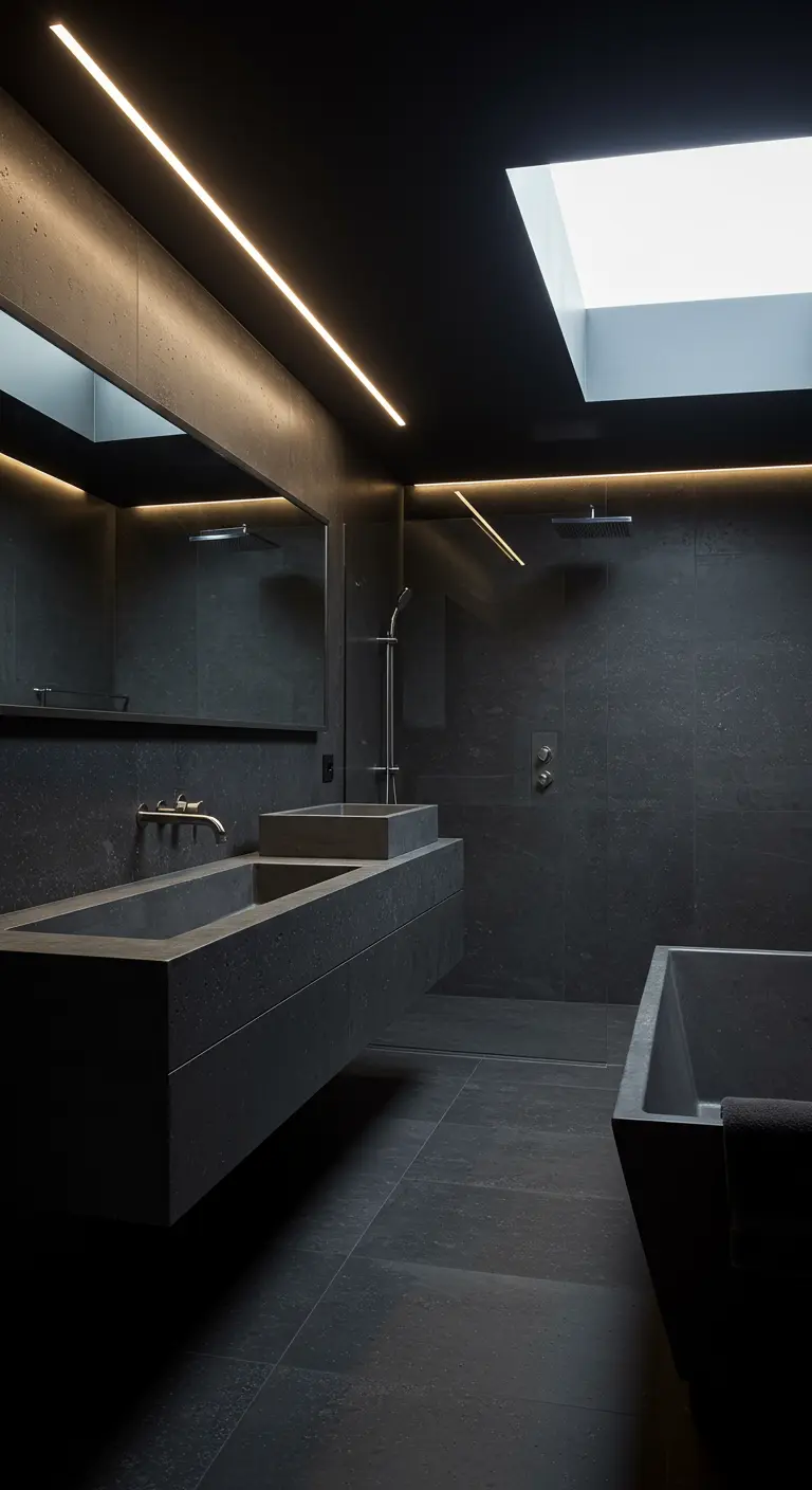 Strakke donkere badkamer met zwevende wastafel, lineaire verlichting en daklichten.