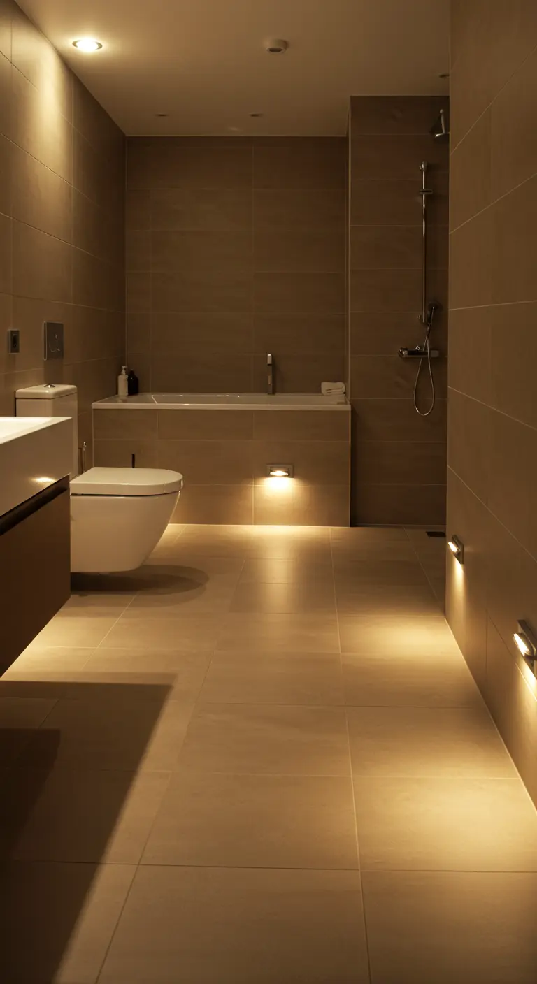 Minimalistische badkamer met lage wandlampjes langs de vloer.