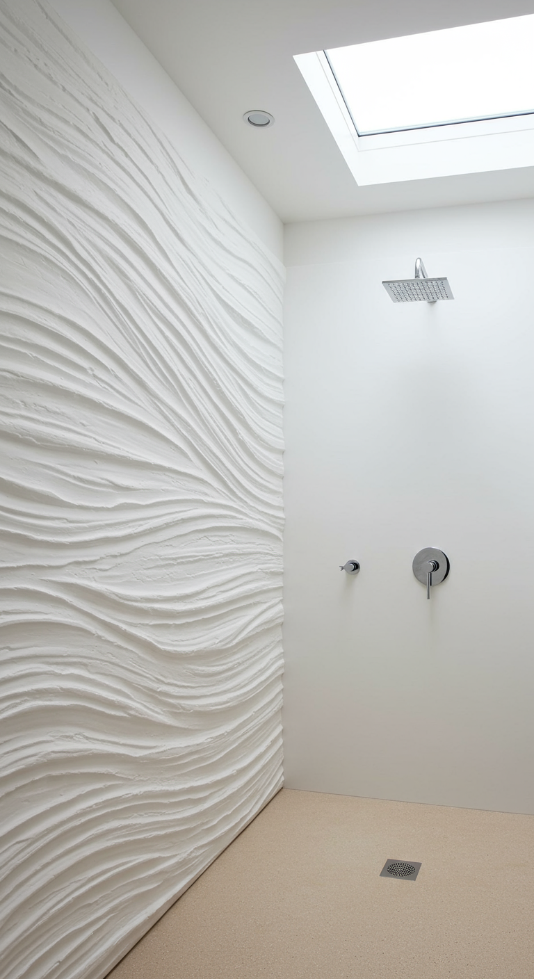 Witte doucheruimte met een opvallende wand met een golvende 3D-structuur, en een dakraam.