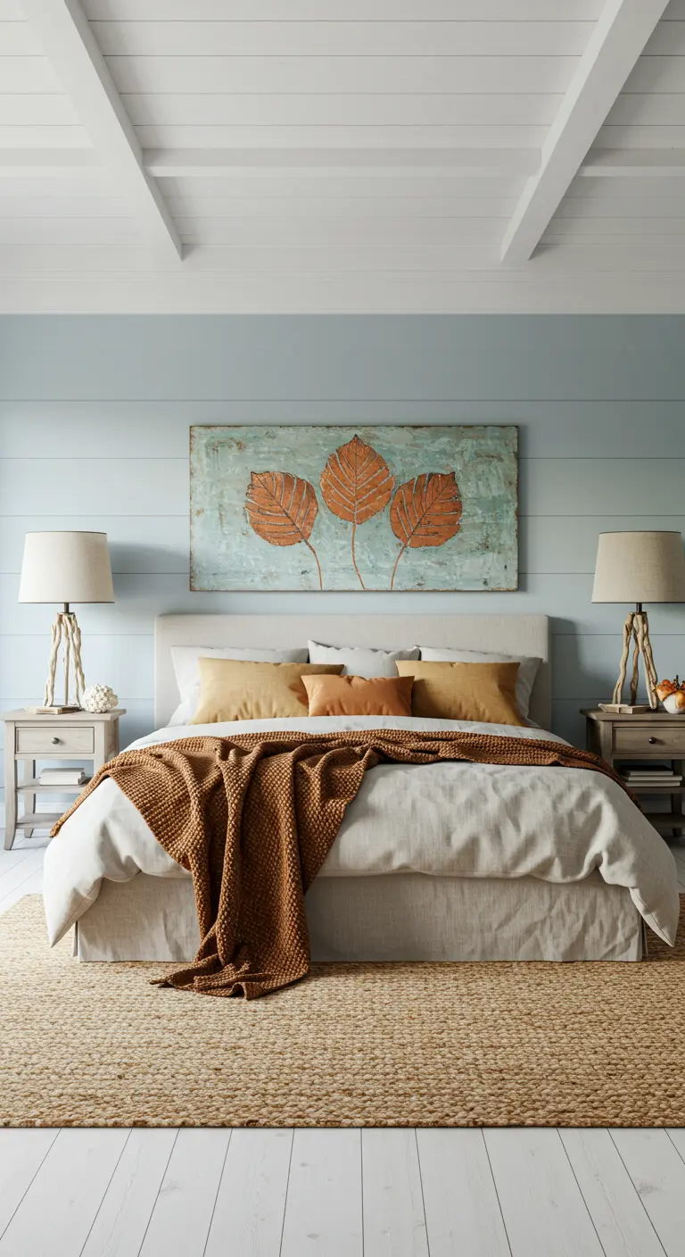 Slaapkamer met lichtblauwe muur, blad-kunstwerk, oranje kussens, jute tapijt.