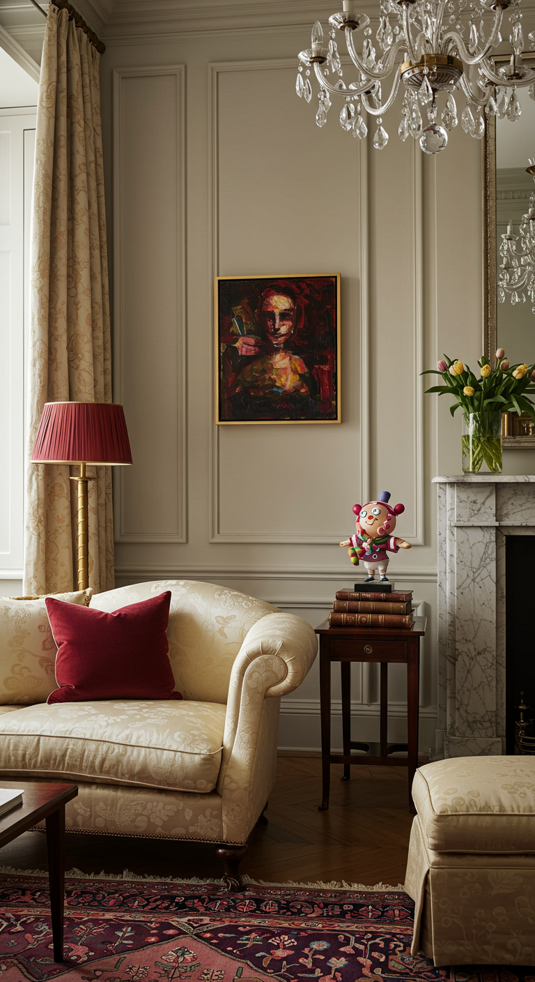 Klassieke woonkamer met een klein, donker schilderij naast een marmeren schouw.