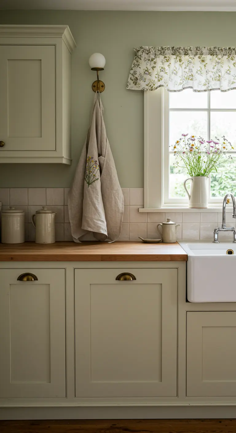 Landelijke keuken met crèmekleurige kasten, geborduurd linnen schort en bloemenvalletje.