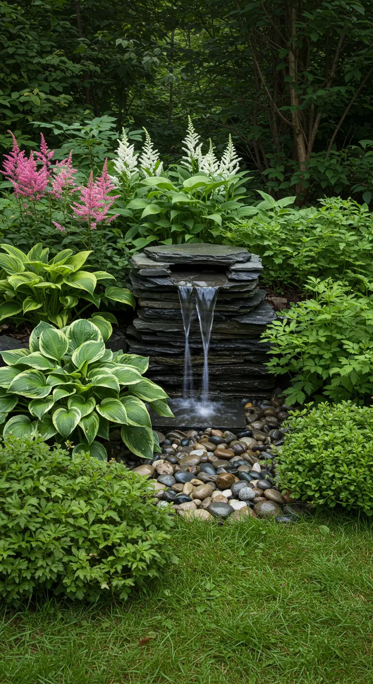 Kleine waterval van gestapelde leistenen tussen groene planten.