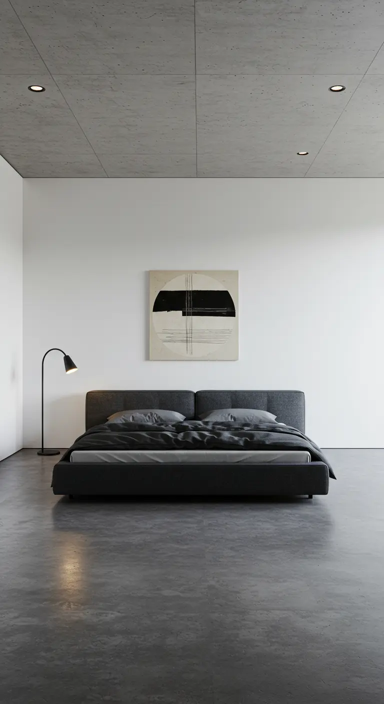Minimalistische slaapkamer met betonnen plafond, ronde spots en abstracte kunst.