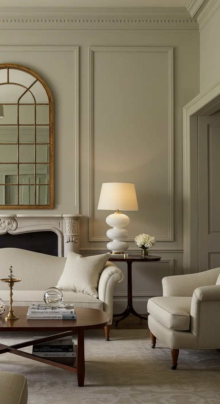 Elegante woonkamer met een bank met zachte rondingen en een lamp met organische vormen.