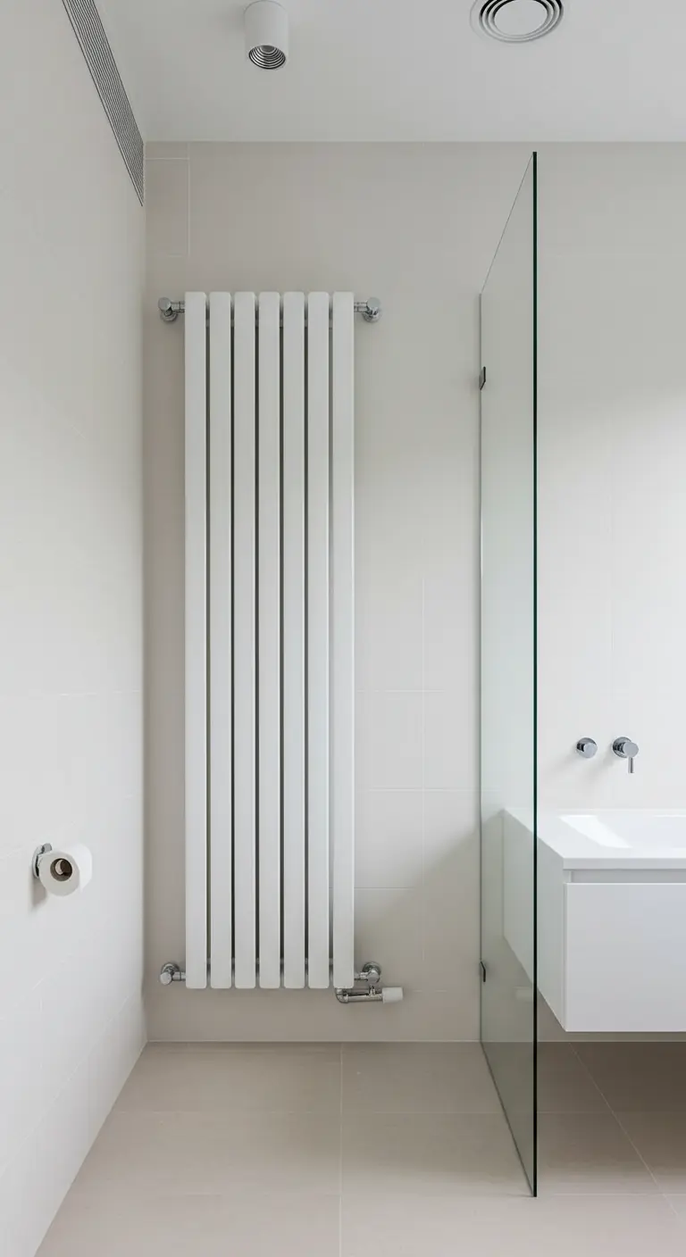 Witte, strakke verticale radiator in een minimalistische witte badkamer naast een glazen douchewand.