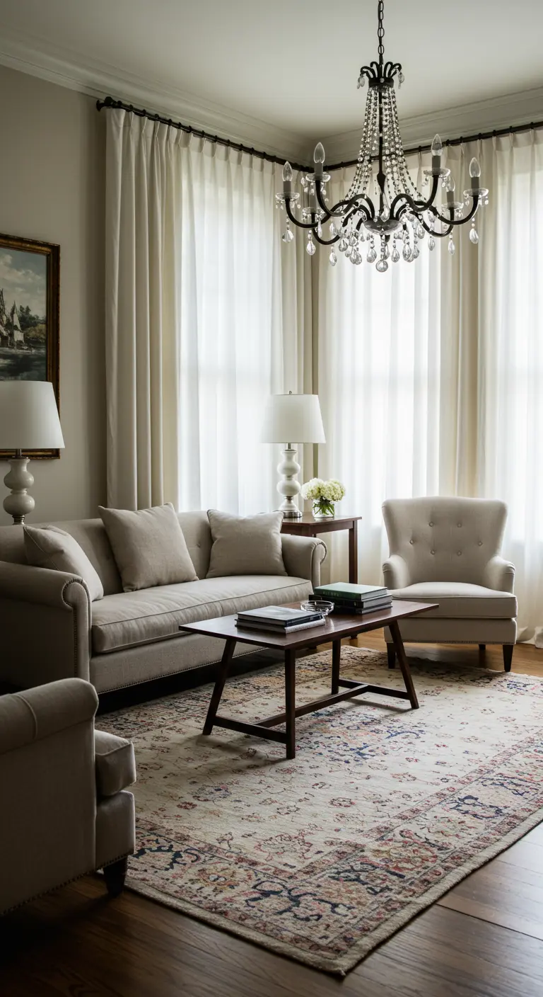 Klassiek-moderne woonkamer met beige bank, crèmekleurige gordijnen en kristallen kroonluchter.