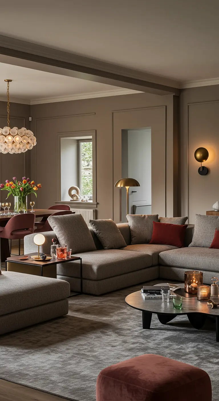 Grijze hoekbank in een ruime, elegante woonkamer met designverlichting en donkerrode accenten.