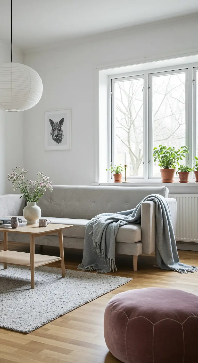Lichtgrijze bank met een mauvezwarte fluwelen poef in een Scandinavisch interieur.
