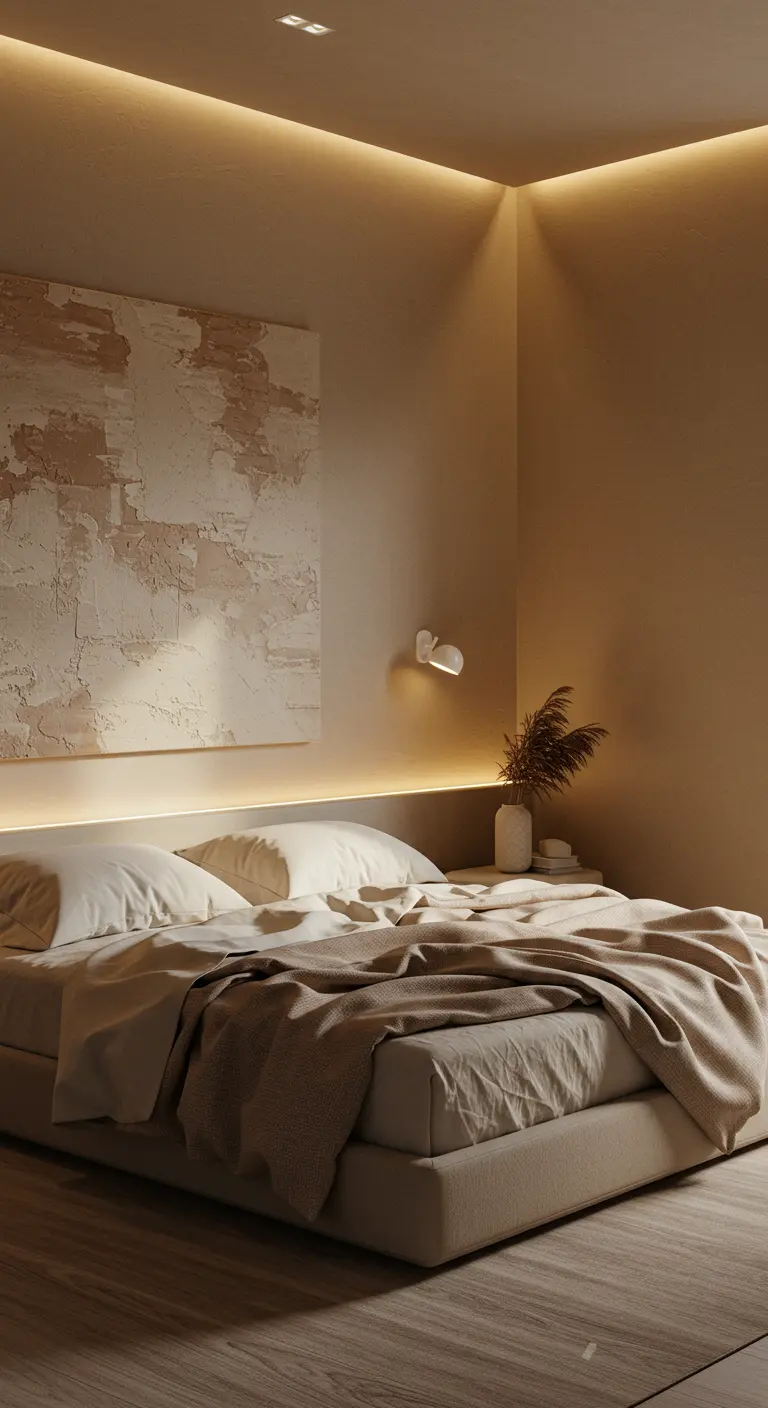 Beige slaapkamer met indirecte verlichting en groot abstract kunstwerk.