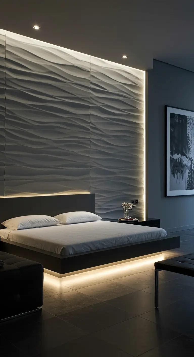 Grijze 3D wandpanelen met golvend patroon en LED-verlichting achter bed.