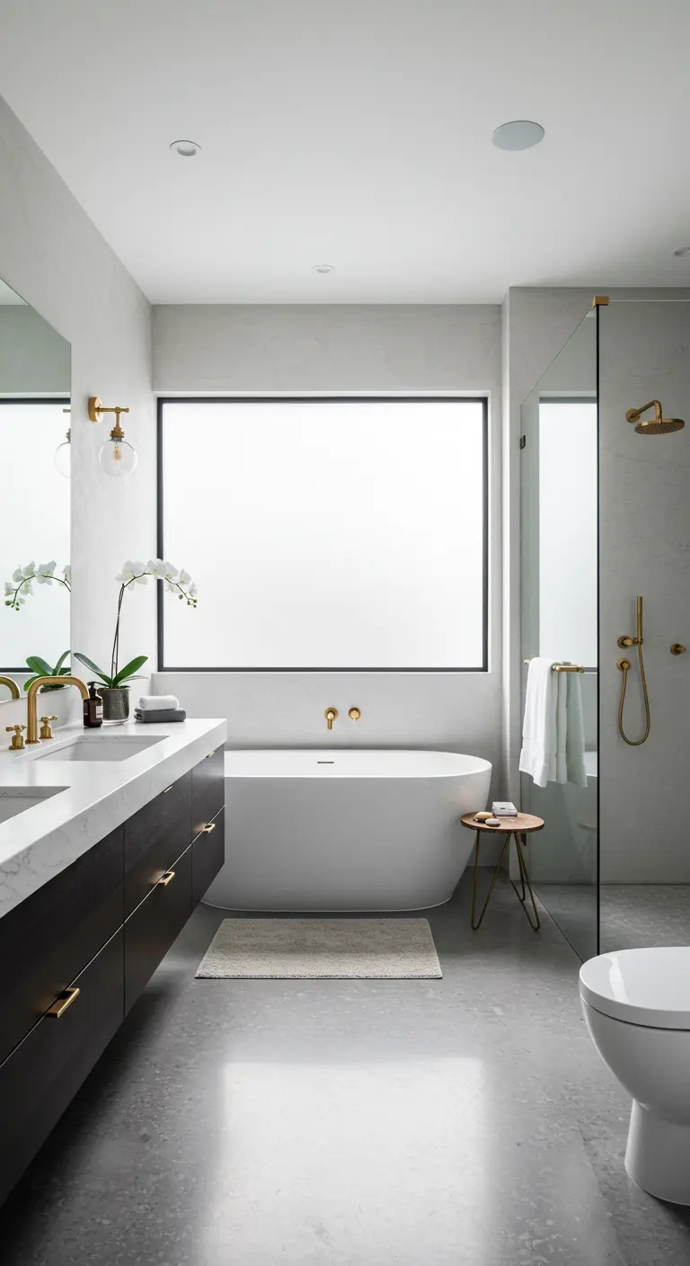Moderne badkamer met wit toilet, donkerhouten meubel en gouden accenten.