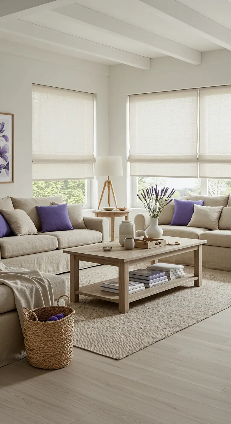 Neutrale woonkamer met beige bank, paarse kussens, houten tafel, linnen rolgordijnen.