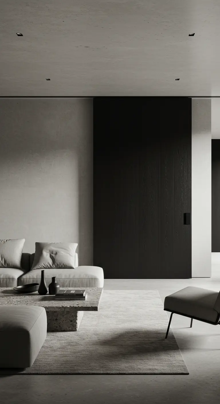 Strakke, kamerhoge matzwarte schuifdeur in een minimalistisch interieur.