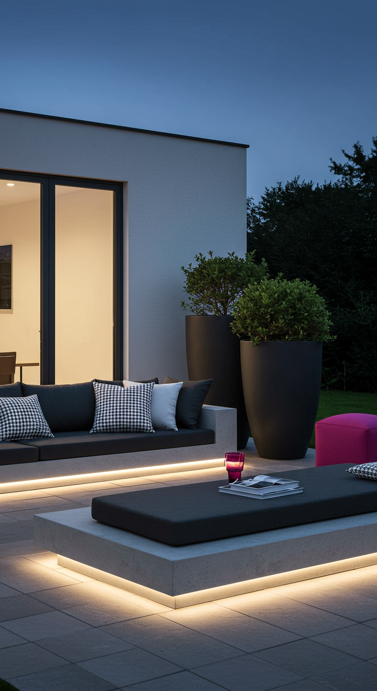 Moderne tuin met ingebouwde loungebank en LED-stripverlichting eronder.