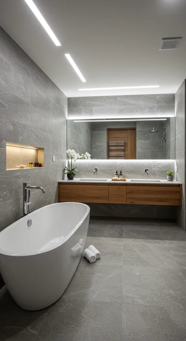 Moderne grijze badkamer met indirecte LED-verlichting boven spiegel en in nis.