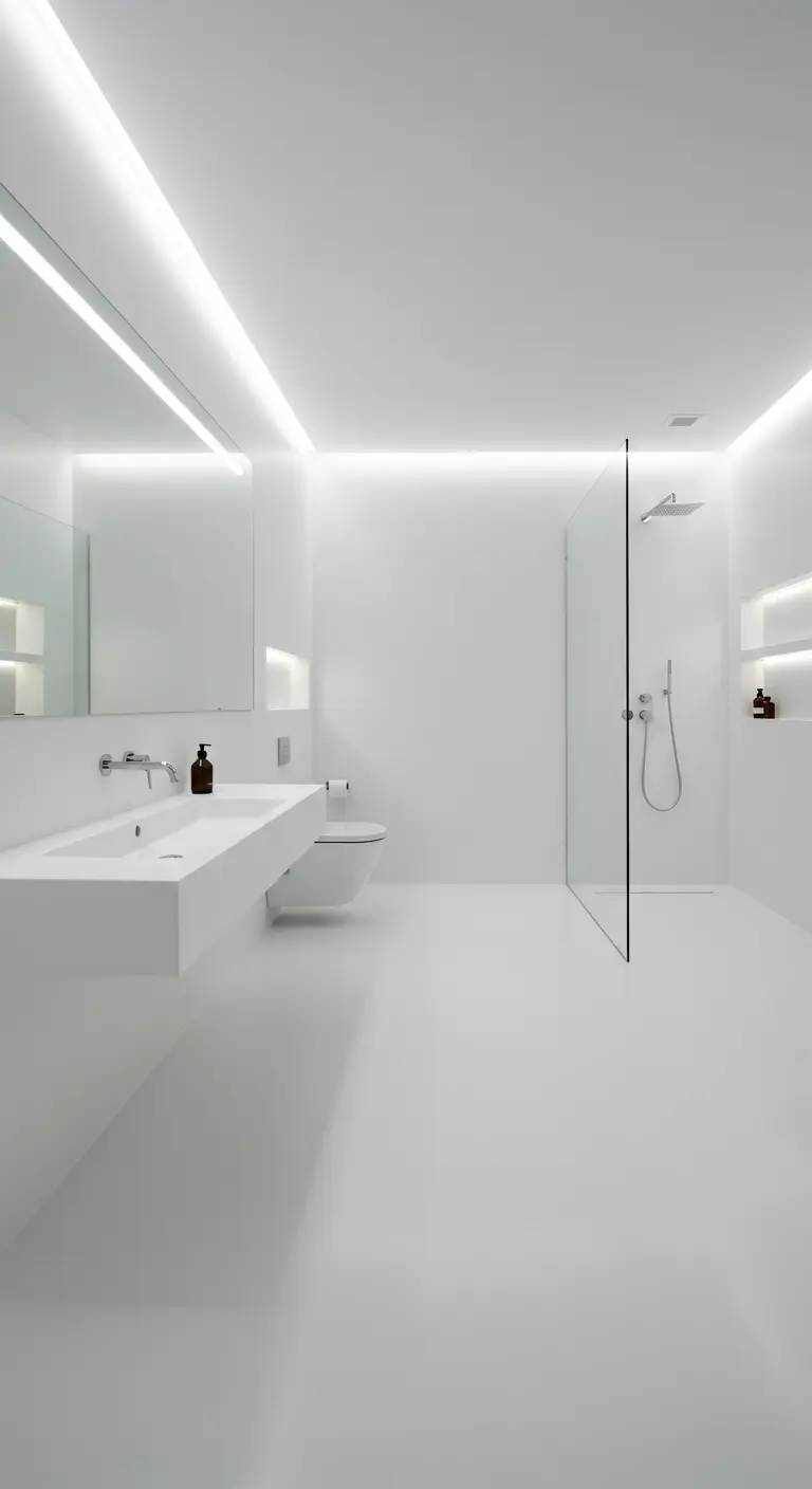 Strakke, witte minimalistische badkamer met indirecte LED-verlichting langs plafond en spiegel.