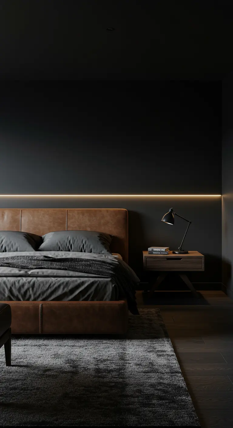 Donkere slaapkamer met leren hoofdbord en een horizontale LED-strip erboven.